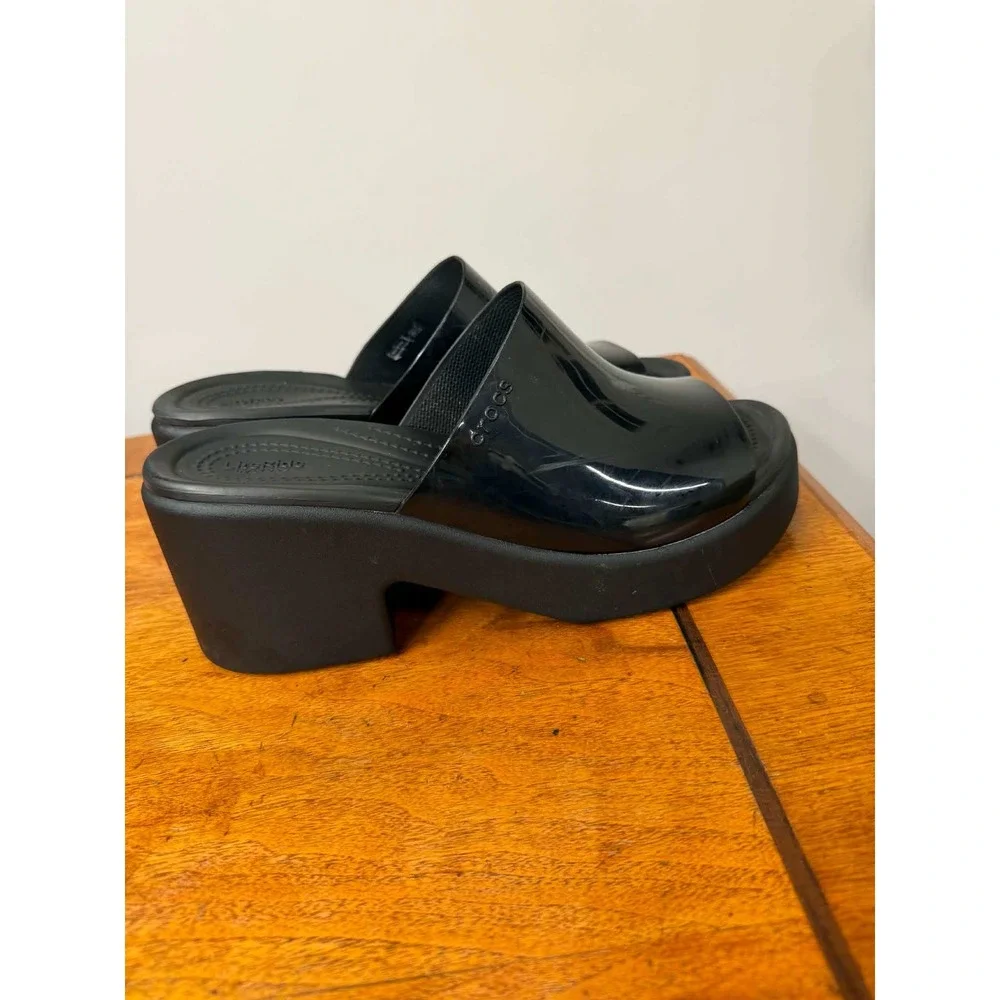 Crocs Women's 9 Brooklyn High Shine Heeled Mules Black Platform Wedge Slides